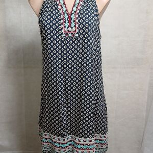 THML Navy Geometric Print Embroidered Lined Sleeveless Dress Women's Size Small